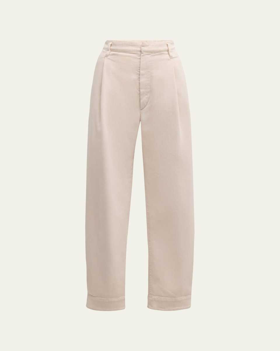 Pleated Straight-Leg Ankle Cotton Pants With Monili Belt Loop
